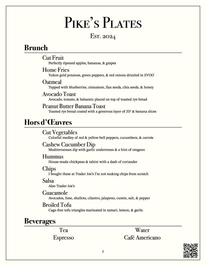 Pike's Plates Apartment Menu